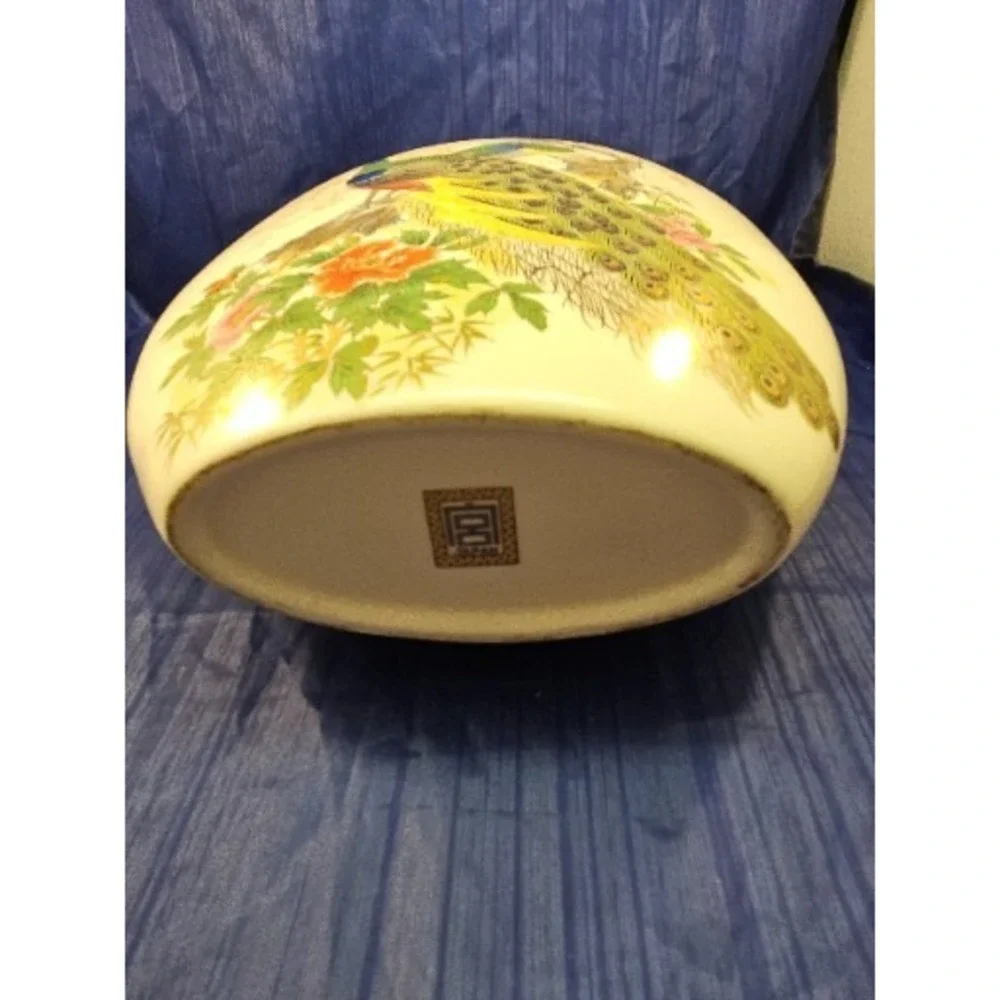 Vintage Satsuma Flat Oval Vase Peacock Floral Design Gold Trim Japanese Ceramic